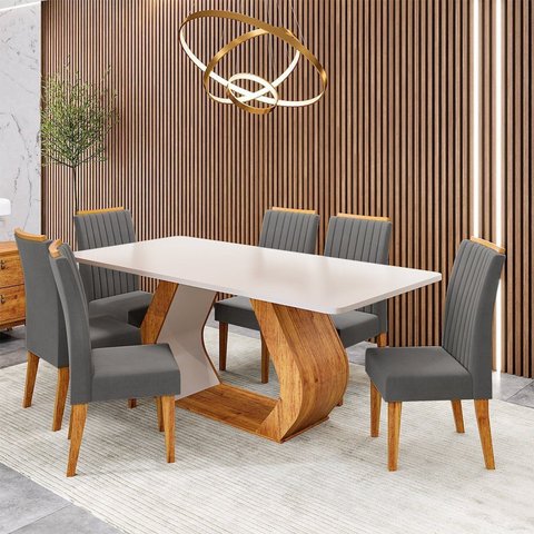 Conjunto Sala de Jantar 6 Lugares Retangular Tampo em MDF Voithy Yescasa Cinza/Mel/Blonde