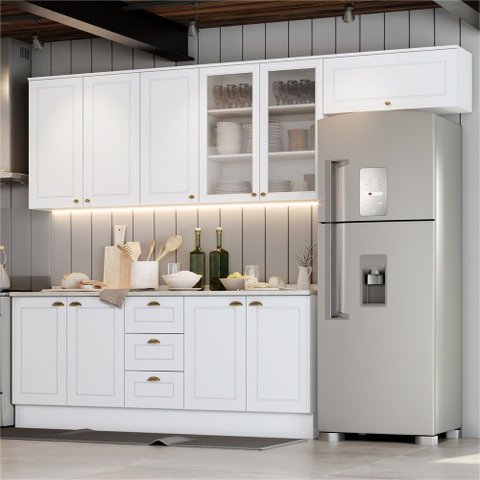 Cozinha Compacta 280cm Americana com Vidro 5 Peças 10 Portas 3 Gavetas Henn - Branco Hp Fosco
