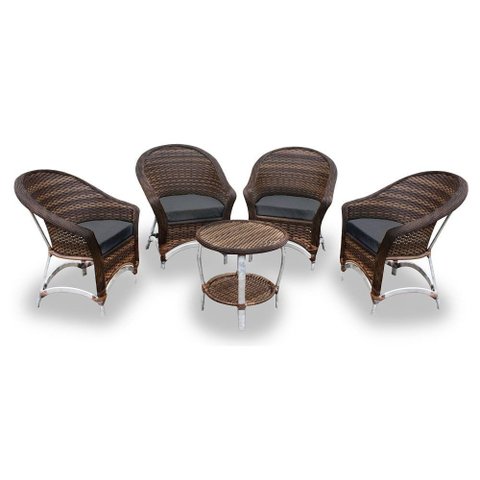 Conjunto de Poltronas Fibra Sintética Bali Alumínio - 4 Poltronas + 1 Mesa Centro - Tecido Lisato Gr