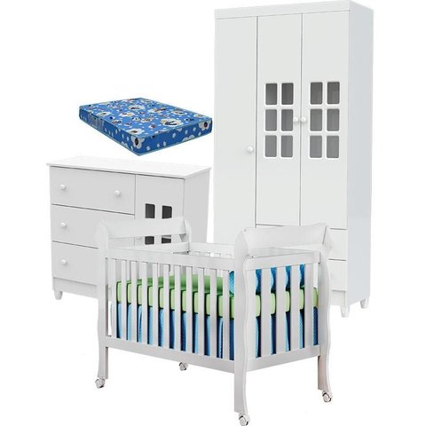 Quarto de Bebê Mariah 3p com Berço Lila Branco Brilho com Colchão - Carolina