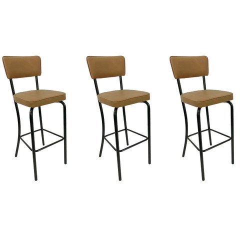 Conjunto 3 Banquetas Olivia - Altura 65cm para Bar e Cozinha Preta com Assento Confortável Cor Caram
