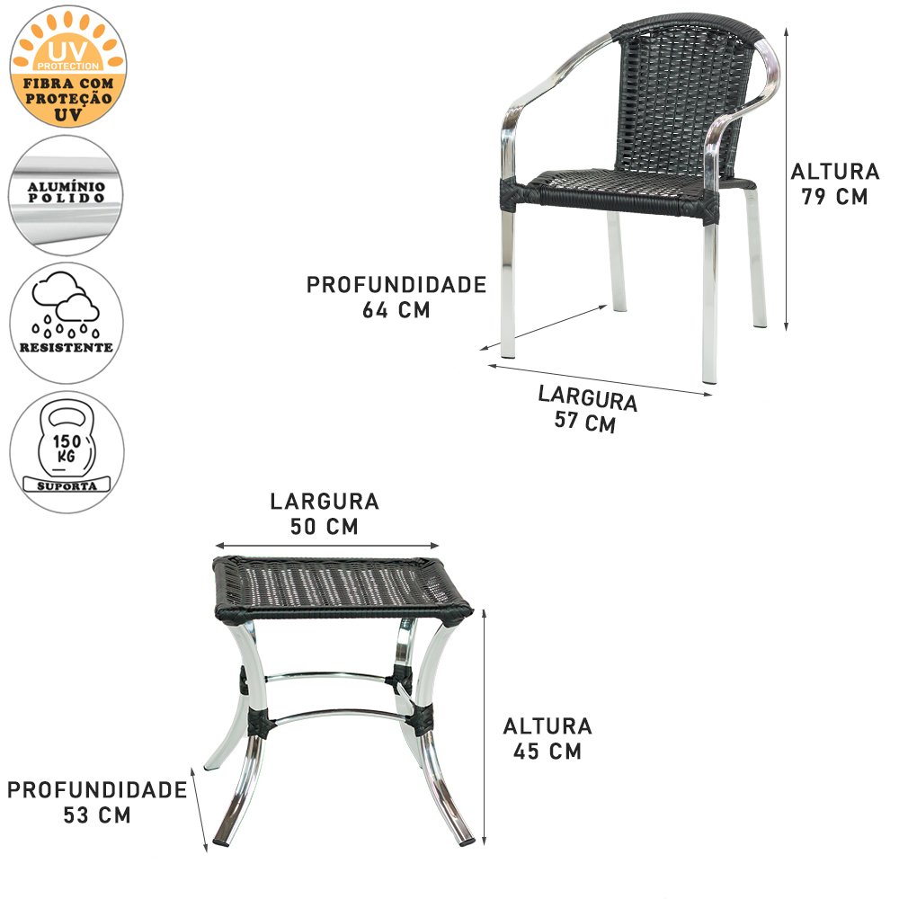 Jogo 2 Cadeiras e Mesa de alumínio Tóquio área interna e externa, piscina,jardim, sacada Tabaco - 2