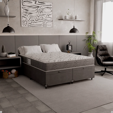 Baú Queen Bipartido + Colchão D33 One Face - Suede Cinza - e-Shop Casa