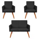 Ver imagem 1 de Kit 2 Poltronas e Namoradeira Nina Suede Preto Pés Palito Castanho - Pallazio