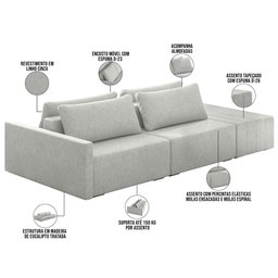 Sofá Ilha Modular para Sala 232cm com Puff Dublin K01 Linho Cinza - Lyam Decor - 4 Sofá Ilha Modular para Sala 232cm com Puff Dublin K01 Linho Cinza - Lyam Decor - 4