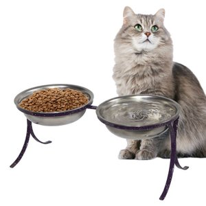 Comedouro Alto Duplo em Inox Pet para Gatos Ração Agua - Roxo