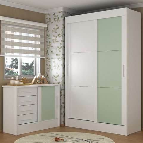 Quarto Infantil Completo Guarda-Roupa 2 Portas 2 Gavetas com Cômoda Maya Espresso Móveis Verde/Branco