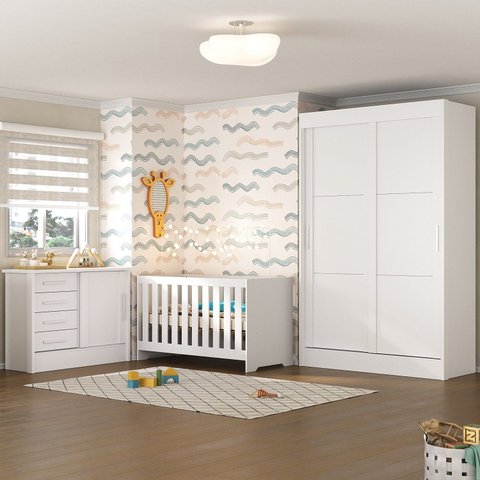 Quarto de Bebê Completo Guarda Roupa 2 Portas 2 Gavetas com Cômoda e Berço Maya Espresso Móveis Branco