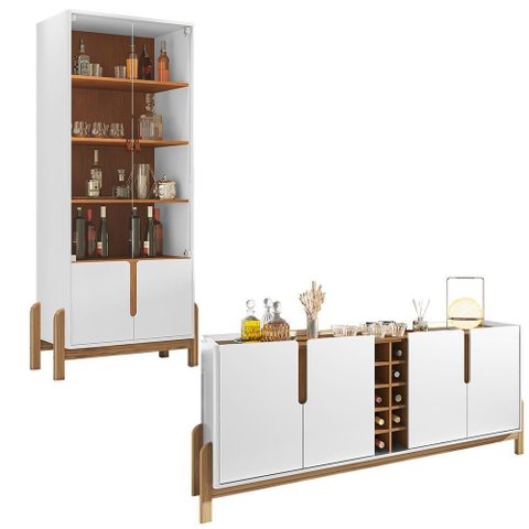 Aparador Buffet 190 com Cristaleira Lizz Pés Madeira Maciça Branco/cedro
