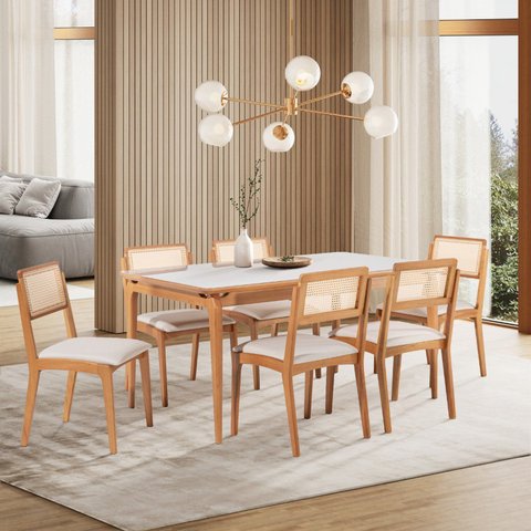 Conjuto Sala de Jantar com 1 Mesa Tampo Laminado com Vidro 160cm e 6 Cadeiras Verona Bege/Cru/Verniz Mel