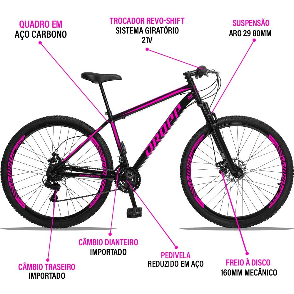 Bicicleta 21V Dropp Sport Aço Câmbio Shimano C/Suspensao Tamanho 17" Preto/Rosa - Banana Bit - 3