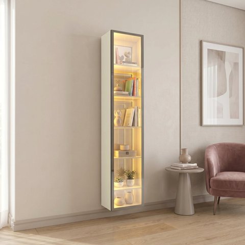 Cristaleira 1 Porta com LED e com Espelho em MDF 217,6cm x 38,2cm Bege Off White Luminare