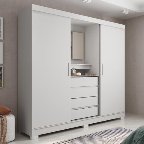 Guarda-roupa Casal com Espelho 2 Portas de Correr 4 Gavetas Finley 184 Cm - Branco