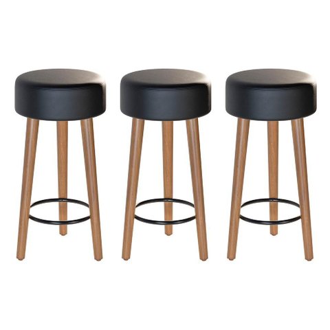 Kit 03 Banquetas Baixa Estofada Pés de Madeira Preto