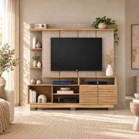 Estante para TV e Home Theater até 65 Polegadas 178,6CMX183CM Marmorizado 2 Portas Ripadas Carvalho Oak Cristalo Bege