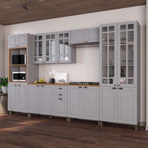 Armário Cozinha Modulada Completa Americana 100% MDF 350cm Provence Multimóveis Crink-CPL003 Cinza