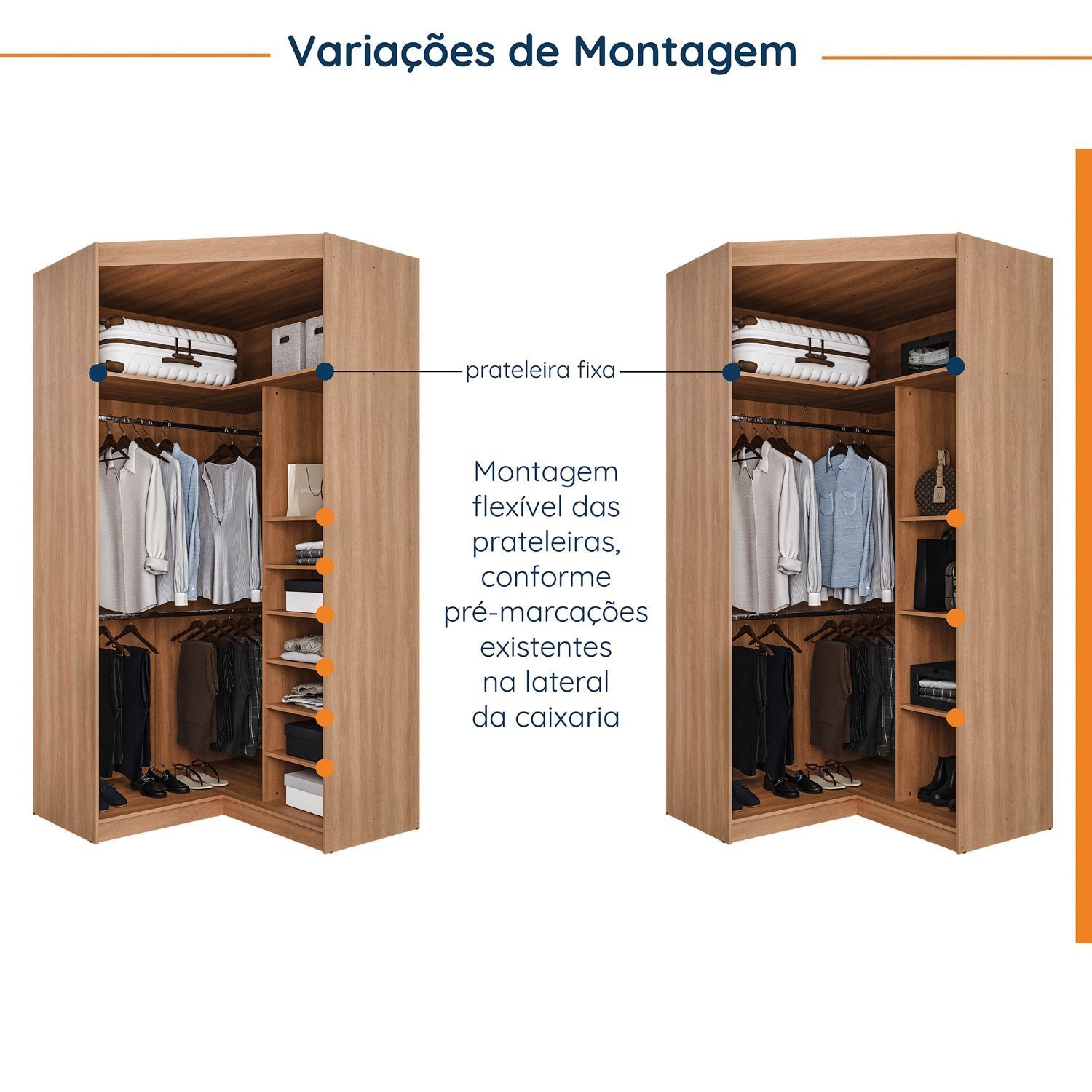 Guarda Roupa de Canto Closet com 6 Prateleiras e Portas de Espelho Modular Hera Cabecasa Madeiramade - 3