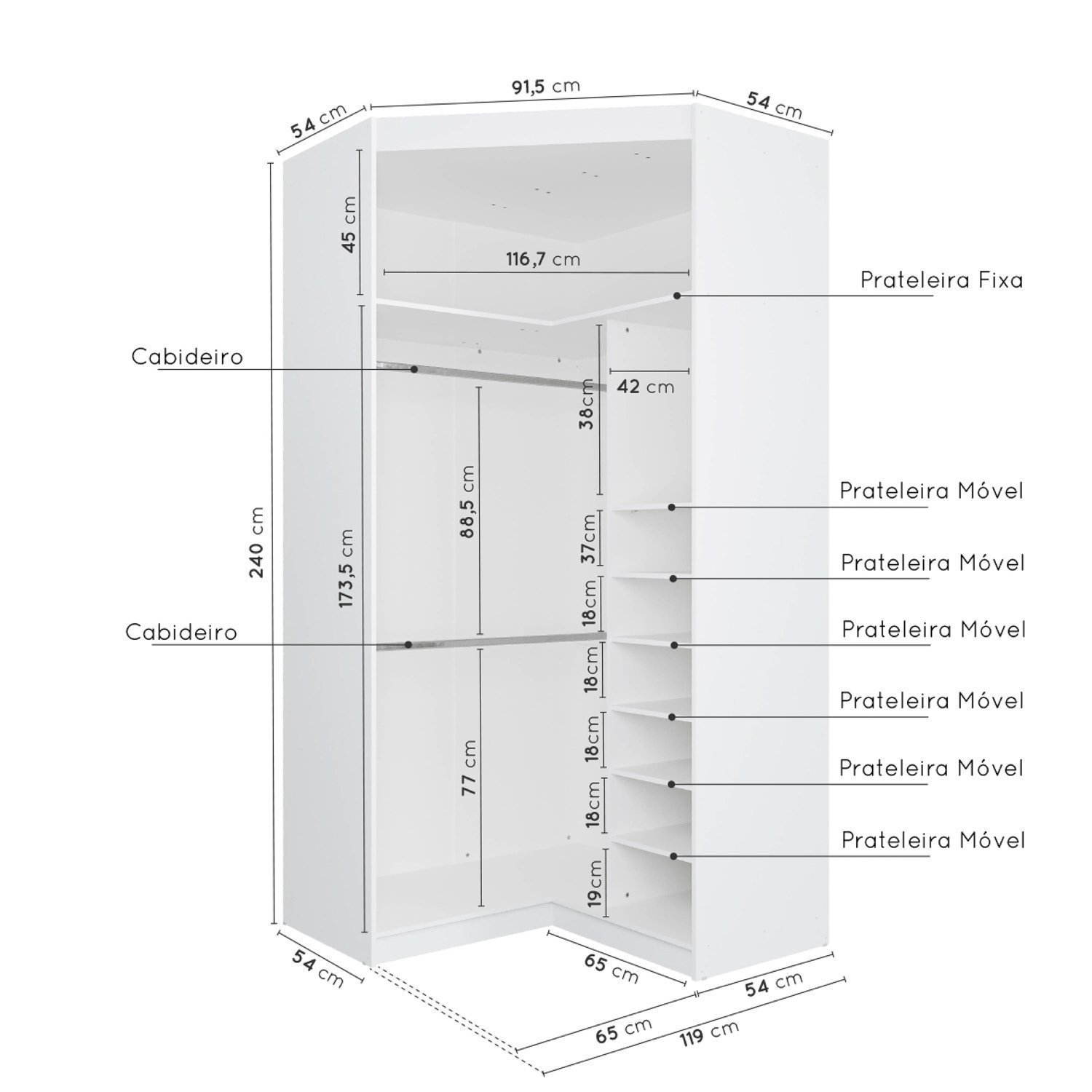 Guarda Roupa de Canto Closet com 6 Prateleiras e Portas Americanas Modular Hera Cabecasa Madeiramade - 2