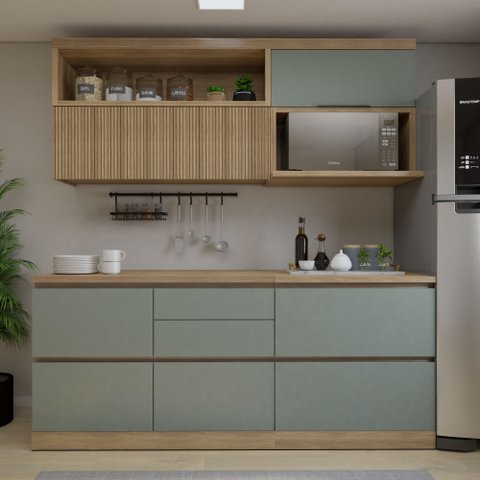 Conjunto de Cozinha 4 Peças com Aéreo e Nicho para Micro-Ondas MDF Millena Nesher Verde/Nature