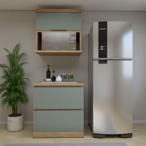 Cozinha Millena 2 Peças 80cm Aéreo Micro-Ondas MDF Yescasa Verde/Nature