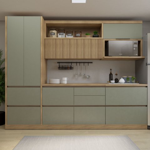Conjunto de Cozinha 5 Peças com Aéreo e Nicho para Micro-Ondas MDF Millena Nesher Verde/Nature