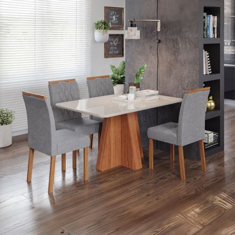 Sala de Jantar 4 Lugares Tampo de Vidro 130 cm Artemísia Cadeiras Madeira Maciça Cinamomo/Linho Graf