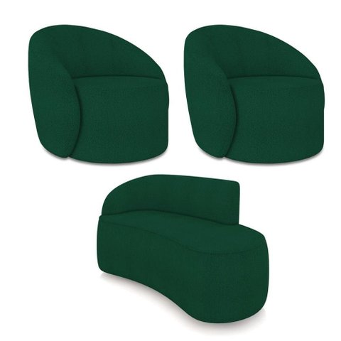 Sofá 2 Lugares Orgânico 140cm Morgan e 2 Poltronas Lua Bouclê Verde D03 - D'Rossi