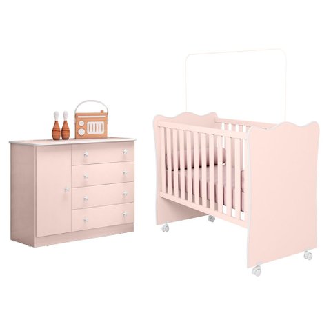 Berço Simples com Colchão Probel e Cômoda 2561 para Quarto de Bebê Infantil Doce Sonho Rosa Qmovi