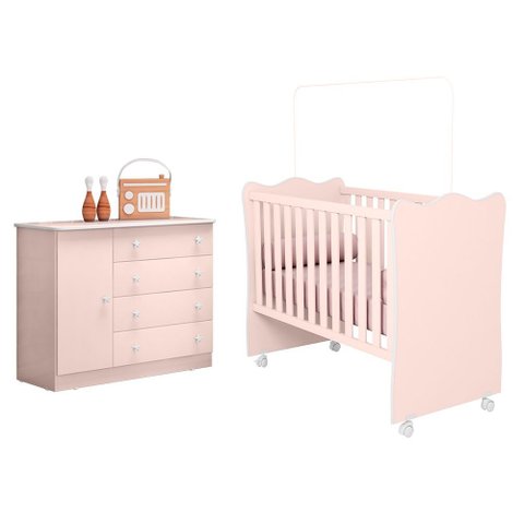 Berço Simples com Colchão Probel e Cômoda 2561 para Quarto de Bebê Infantil Doce Sonho Rosa Qmovi