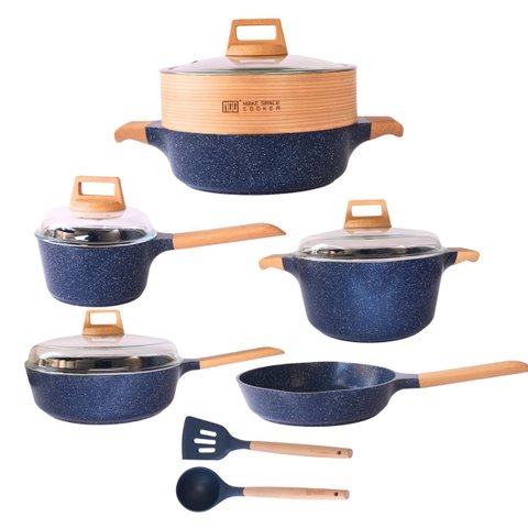 Jogo de Panelas Antiaderente Mármore Cerâmico Saltê 13 Peças Cor Azul