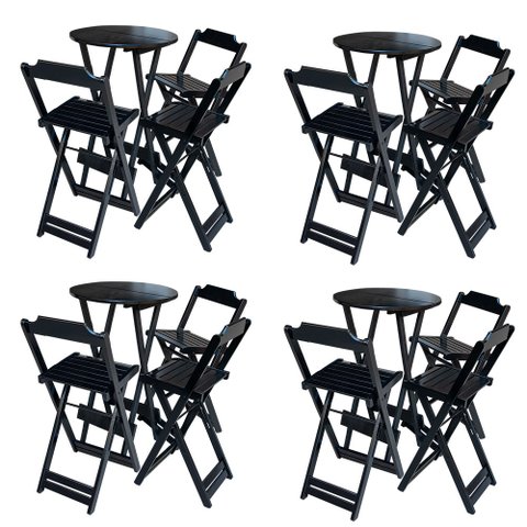 Kit 4 Jogos de Mesa Bistrô de Madeira Dobrável com 3 Banquetas - Preto
