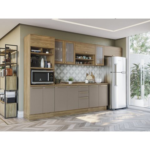 Cozinha Completa Modulada 6 Peças com Torre Quente e Porta Telada Botanic Marrom/Nogueira/Fendi