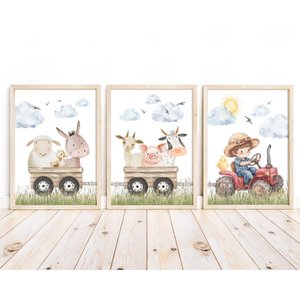 Kit 3 Quadros Animais Fazendinha Trator Vermelho Quarto Menino Infantil