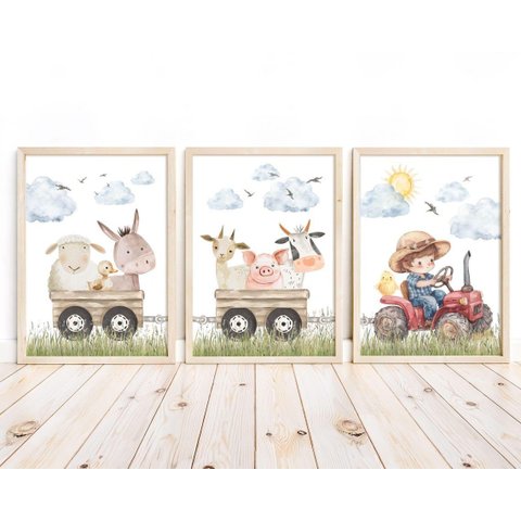 Kit 3 Quadros Animais Fazendinha Trator Vermelho Quarto Menino Infantil