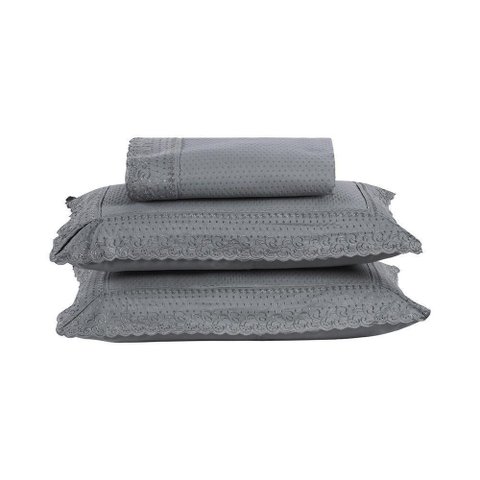 Kit Colcha 3 Peças Queen Percal 300 Fios Bordado Inglês Home Paris - Cinza