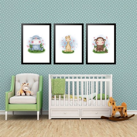Kit 3 Quadros Grandes Quarto Infantil Filhotinhos I 60x48cm:moldura Branca