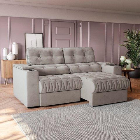 Sofá 230cm com Porta Copos Retrátil e Reclinável Premier Veludo Cinza Claro