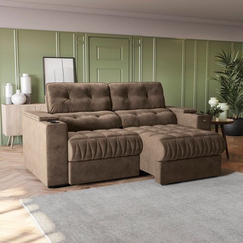 Sofá 230cm com Porta Copos Retrátil e Reclinável Premier Veludo Marrom