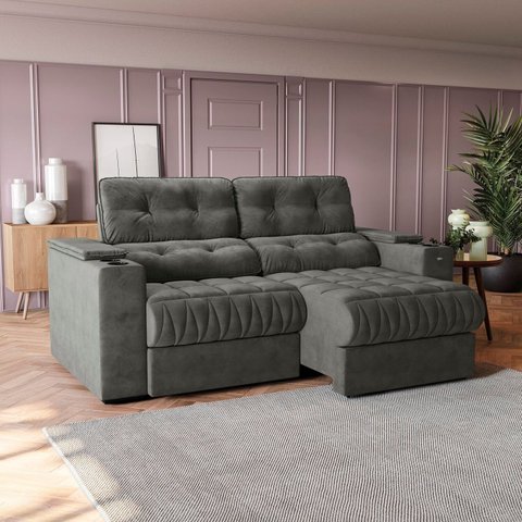 Sofá 230cm com Porta Copos Retrátil e Reclinável Premier Cinza Veludo Chumbo