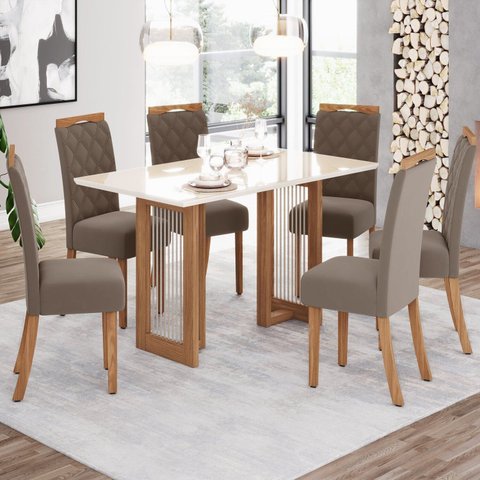 Conjunto Sala de Jantar Mesa Canto Reto com Vidro 6 Cadeiras Yara Marrom/Nature/Off White/Amêndoa