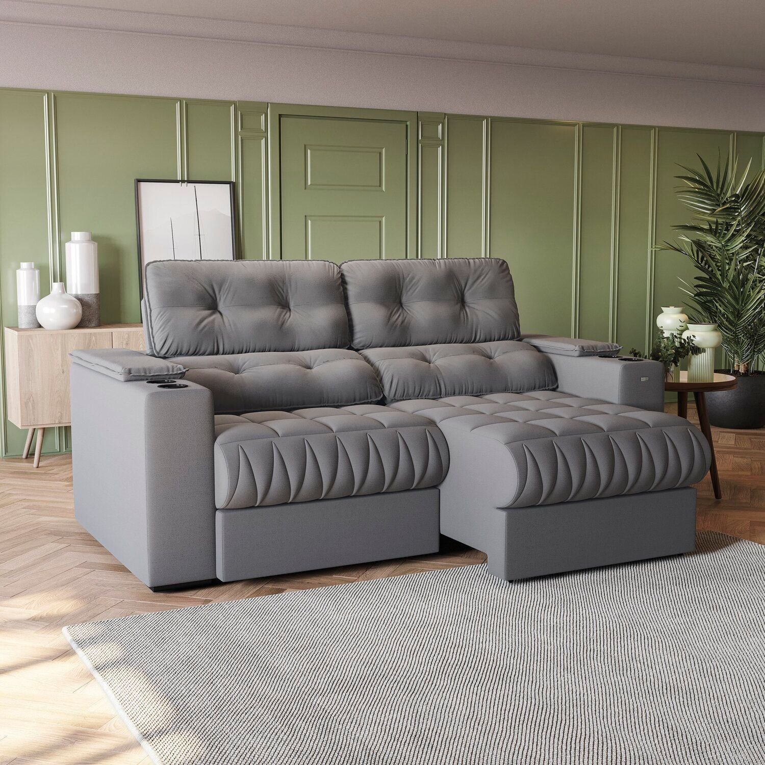 Sofá 230cm com Porta Copos Retrátil e Reclinável Premier Cinza
