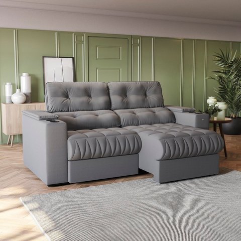 Sofá 230cm com Porta Copos Retrátil e Reclinável Premier Cinza Suede Titânio
