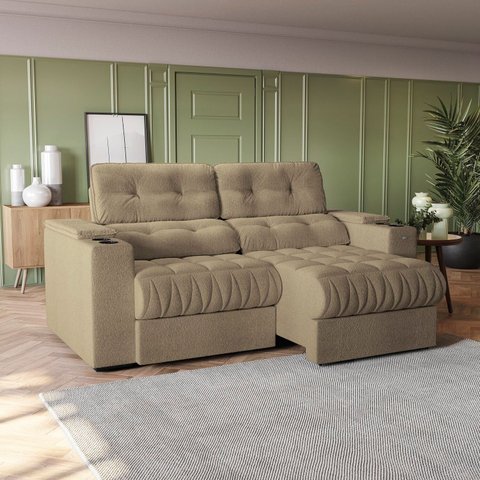 Sofá 230cm com Porta Copos Retrátil e Reclinável Premier Bege Bouclé Fendi