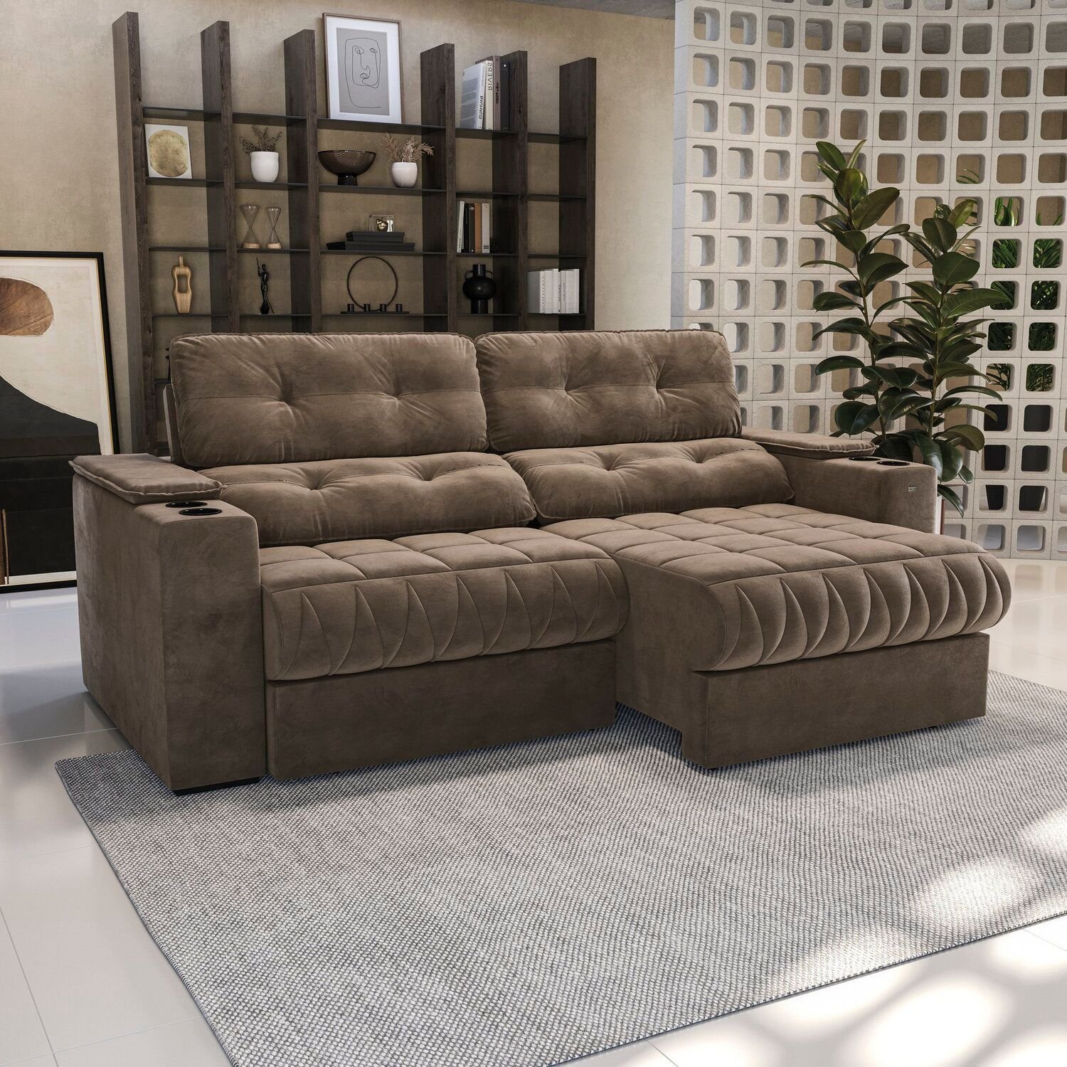 Sofá 260cm com Porta Copos Retrátil e Reclinável Premier Cinza