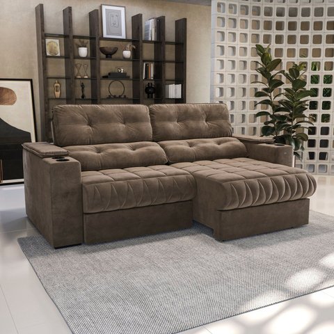 Sofá 260cm com Porta Copos Retrátil e Reclinável Premier Veludo Marrom