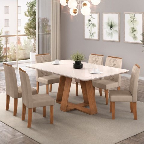 Conjunto Sala de Jantar Mesa Tampo Retangular Chanfrado Curvo Mad/vid 160 X 90cm Kiara Freijó Off Wh
