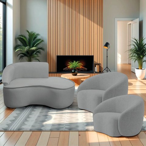 Kit Divã Recamier Orgânico Marrocos 150cm Lado Direito e 2 Poltronas Amore Bouclé