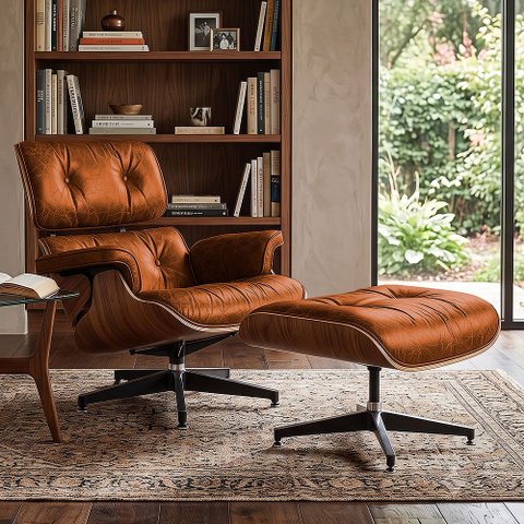 Poltrona Charles Eames com Puff Couro Envelhecido Linha Premium Design Atemporal Sala Luxo - Castor