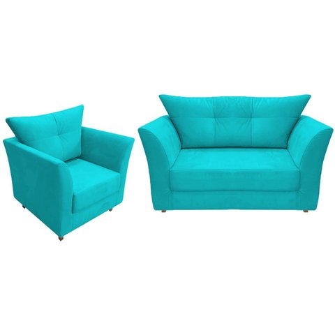 Kit Namoradeira + 1 Poltrona Decorativa Isis Suede Azul Tifany Pés Madeira Mz Decor