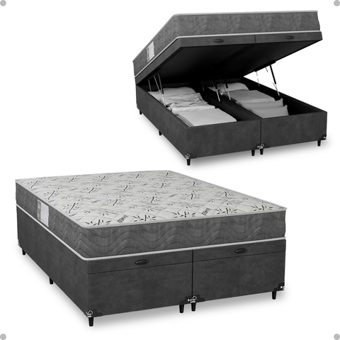 Cama Box Baú Casal Bipartido + Colchão D33 One Face - Suede Cinza - e-Shop Casa